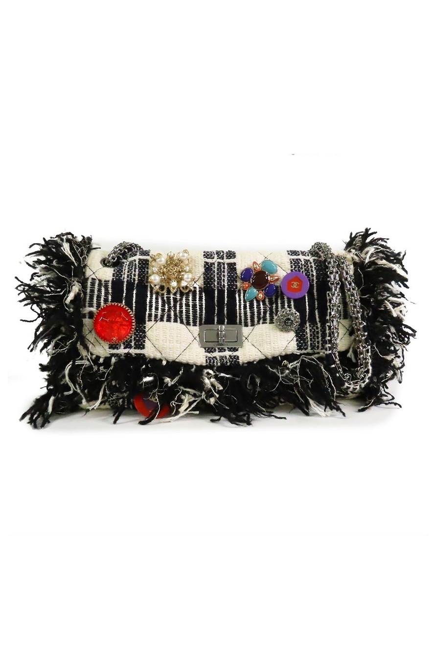 Chanel 2.55 Black Ivory Silver Tweed Quilted Stitch Fringe Chain Shoulder Bag